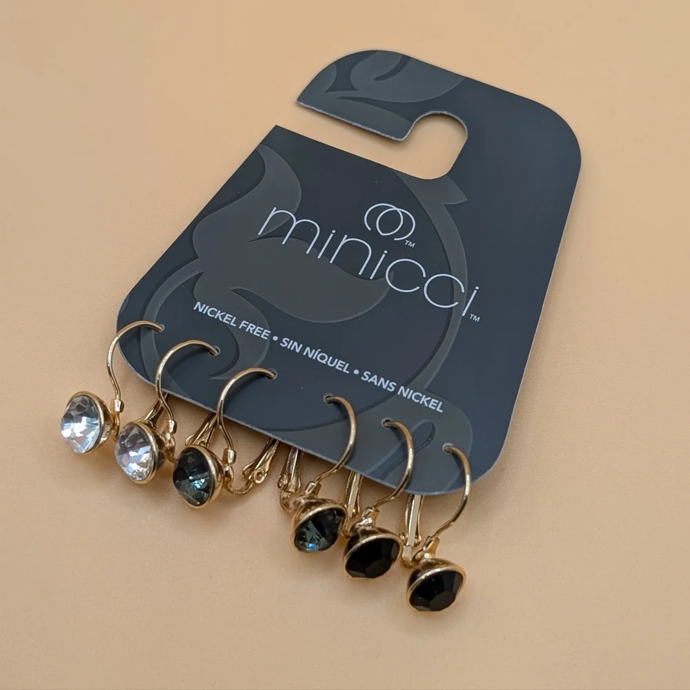 Minicci 3 Pairs of Gold-tone Leverback Earrings Black, Green & Clear Crystal NWT